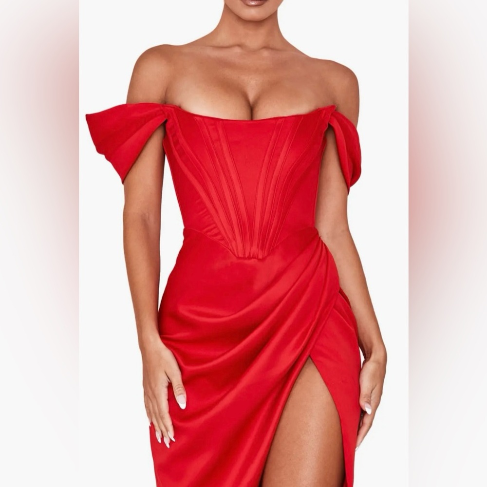 HOUSE OF CB LORETTA OFF THE SHOULDER SATIN MIDI CORSET DRESS RED